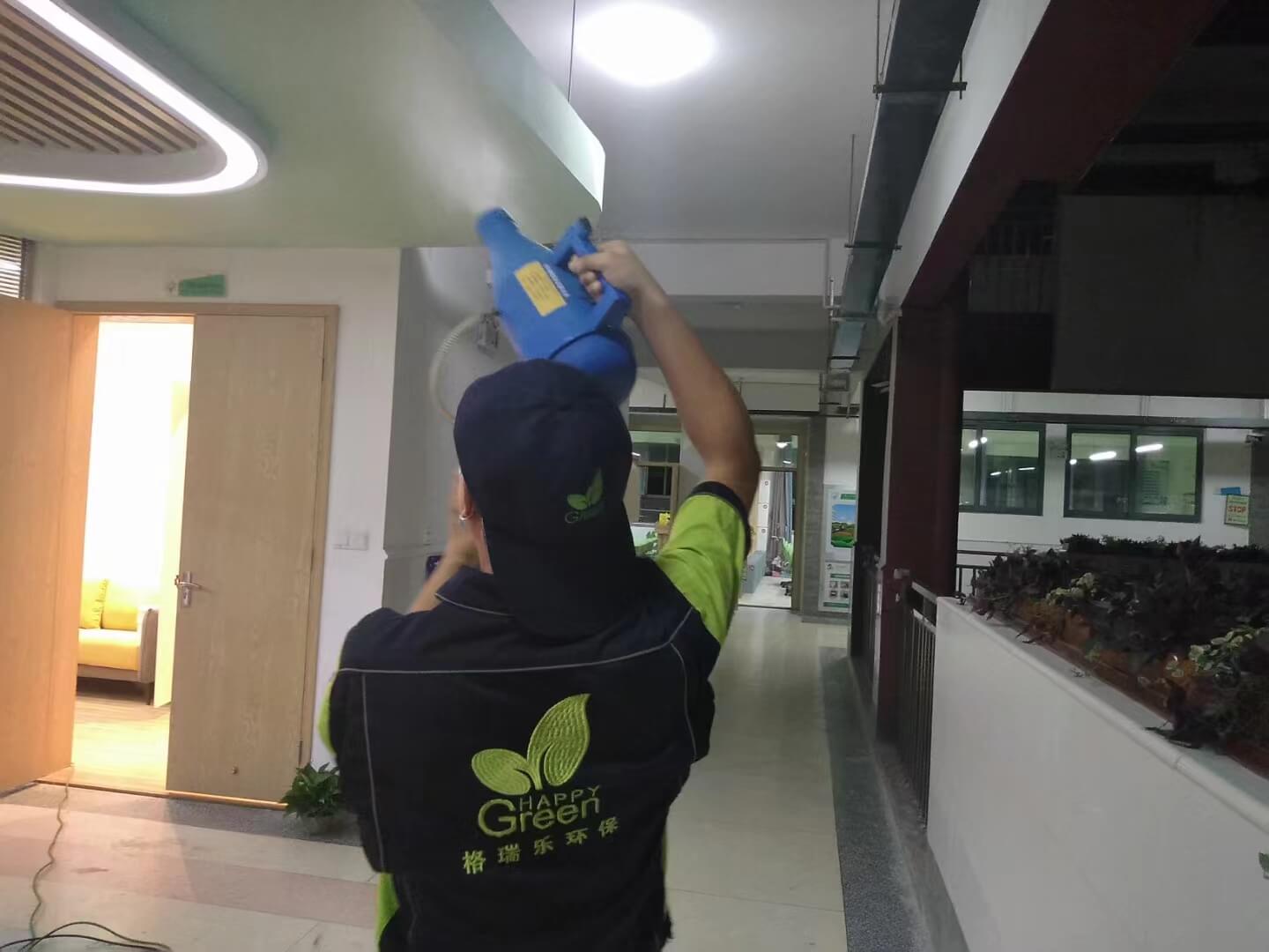 阳光房里,摆放着格瑞乐除甲醛的绿植套装,旁边是刚处理过的铁艺桌椅,附带使用说明卡片。